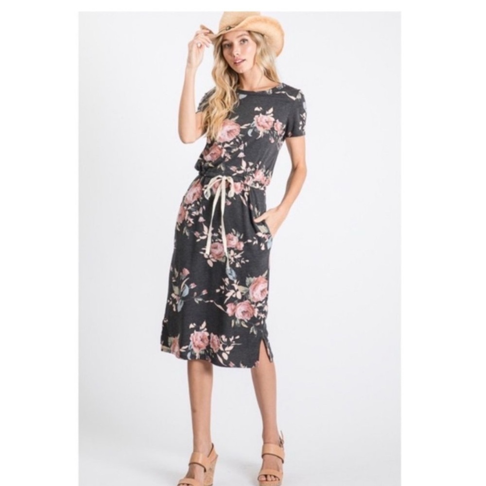 7th Ray Black Floral Midi Dress